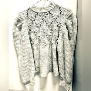 A New Day Embroidered Crochet Puffy Cropped Sleeves Silvery Gray Sweater Small